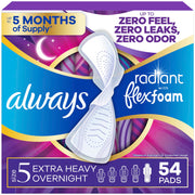 Always Radiant FlexFoam Overnight Pads, Size 5, Extra Heavy, 54 Count