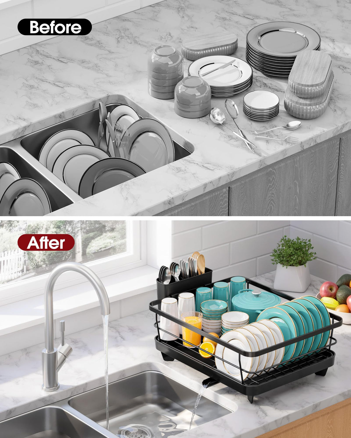 Sakugi Stainless Steel Dish Drying Rack with Drain Board, Black, Large