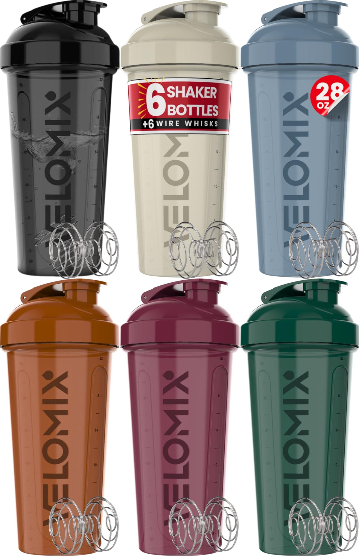 Protein Shaker Cups, 28 oz, 6 Pack, with Wire Whisk, Multicolor