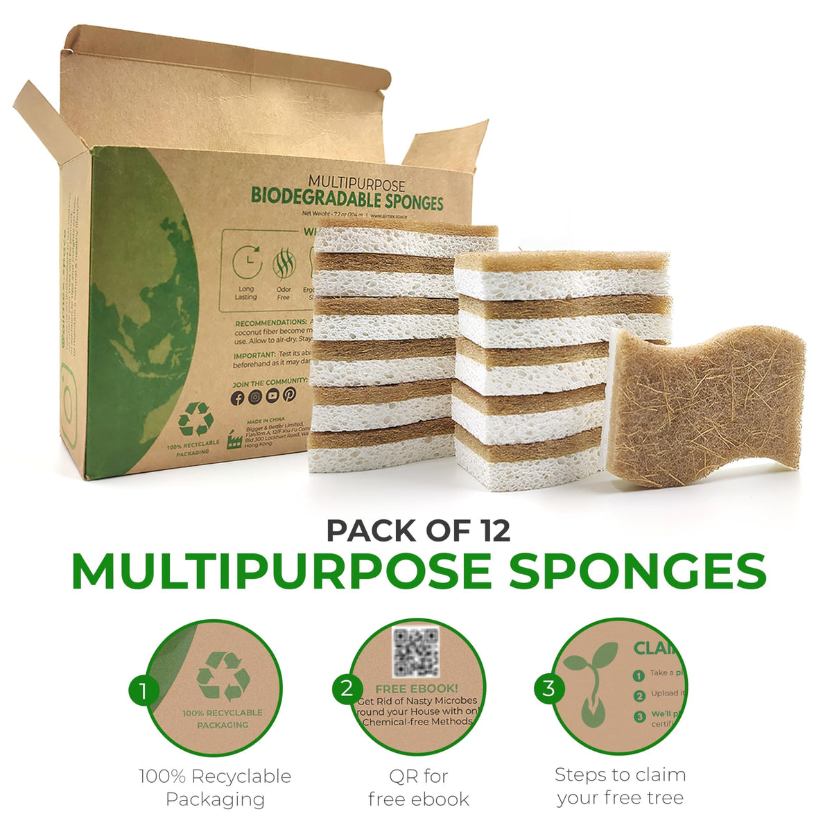 Airnex Natural Cellulose Dish Sponges, 12 Pack
