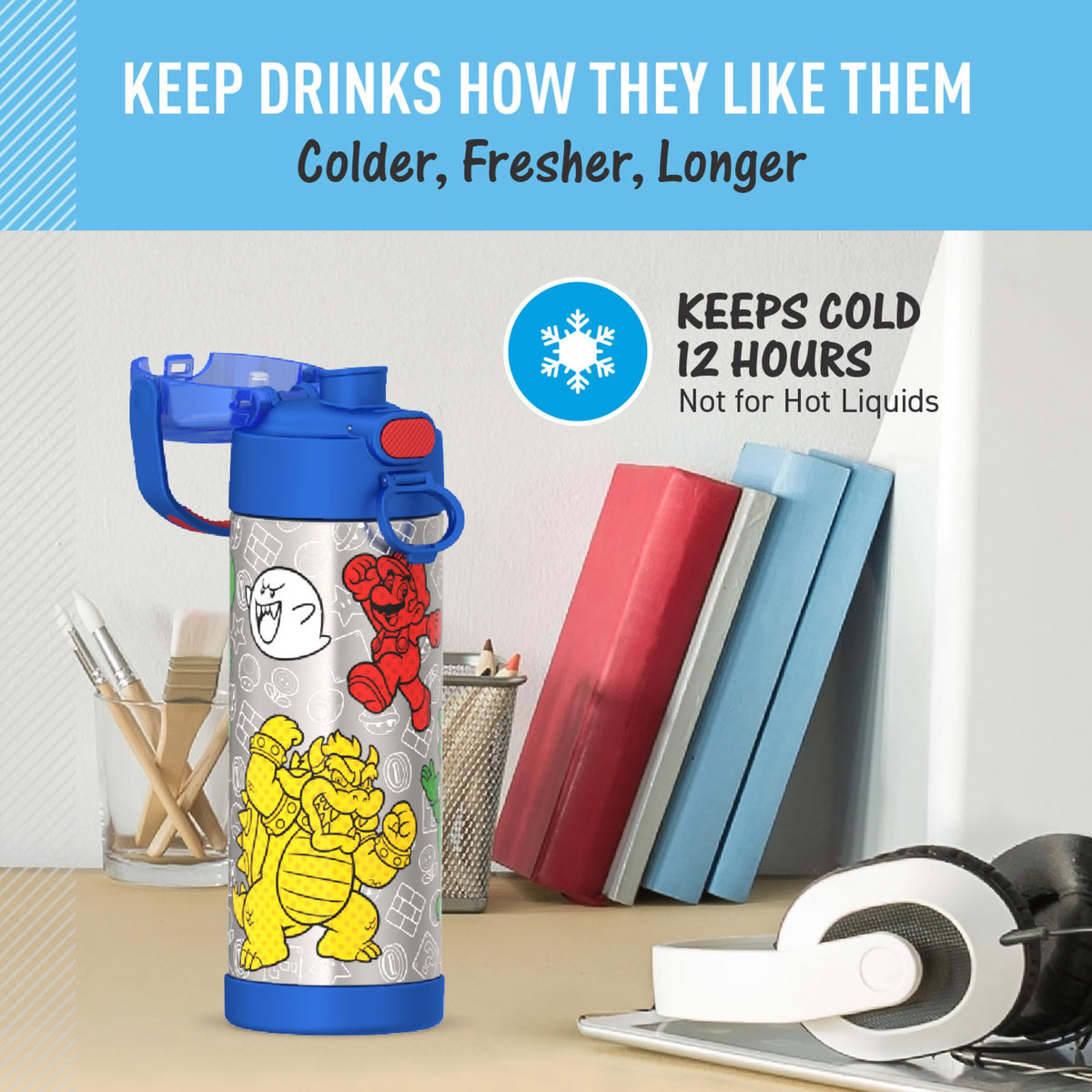 Thermos Funtainer Water Bottle with Spout, 16oz, Mario