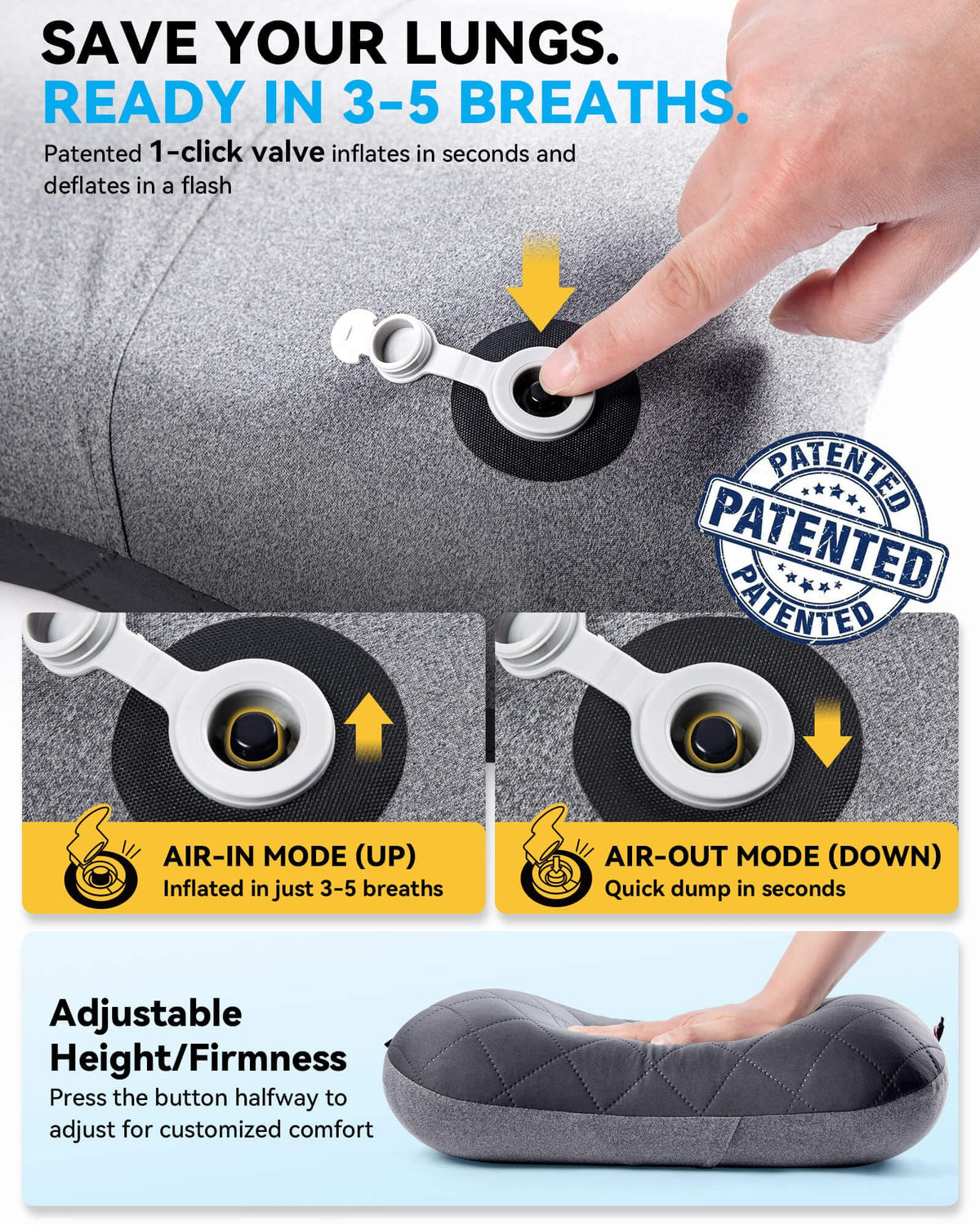 Hikenture Ultralight Inflatable Camping Pillow, Grey