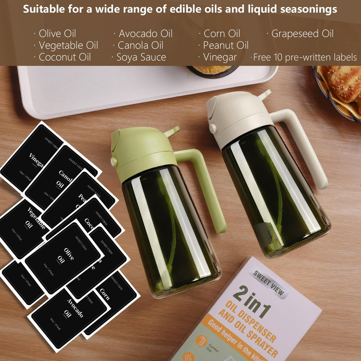 SWEET VIEW Glass Olive Oil Dispenser & Sprayer, 470 ml (2 Pack)