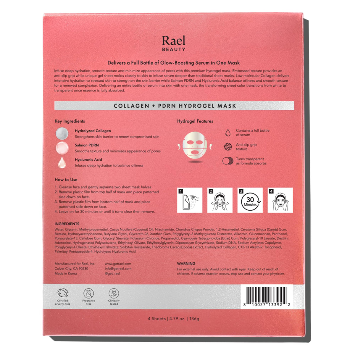 Rael Collagen PDRN Hydrogel Mask, 4 Count