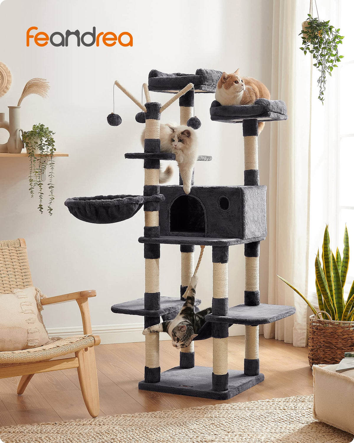 Feandrea Large Cat Tree, 64.6 Inches, Smoky Gray