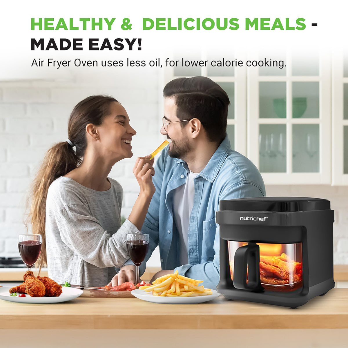 Nutrichef Air Fryer, 8 Preset Cook Modes, Black, 5.8 Quart