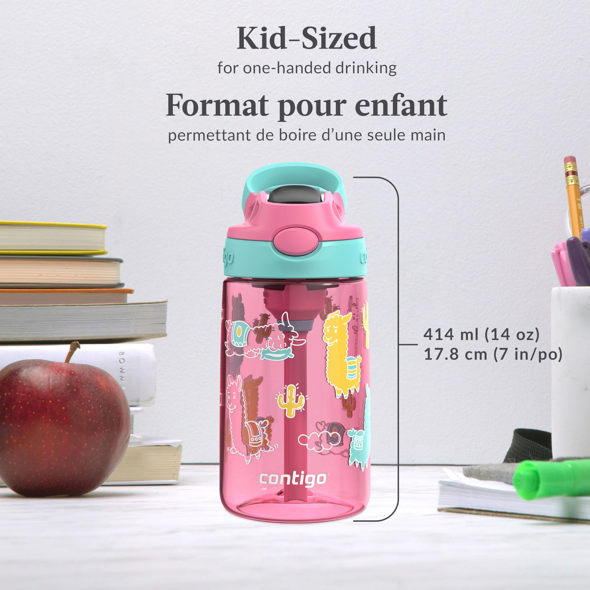 Contigo Kids Aubrey Straw Water Bottle, 14 oz, Azalea Jade Llama
