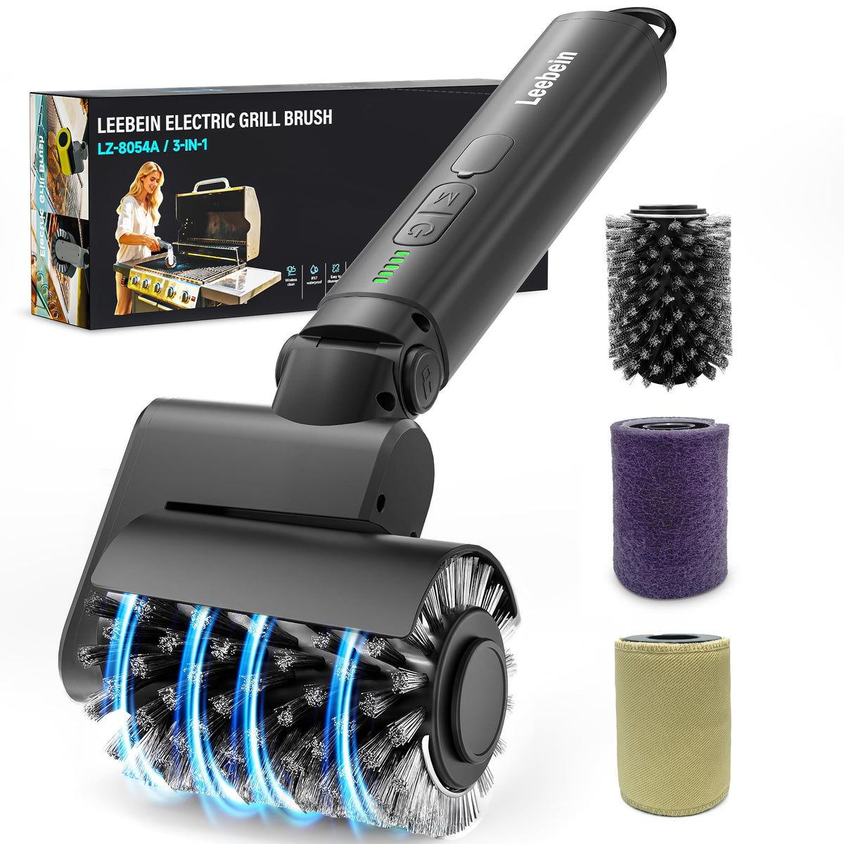 Leebein Cordless Electric Grill Brush with 3 Heads