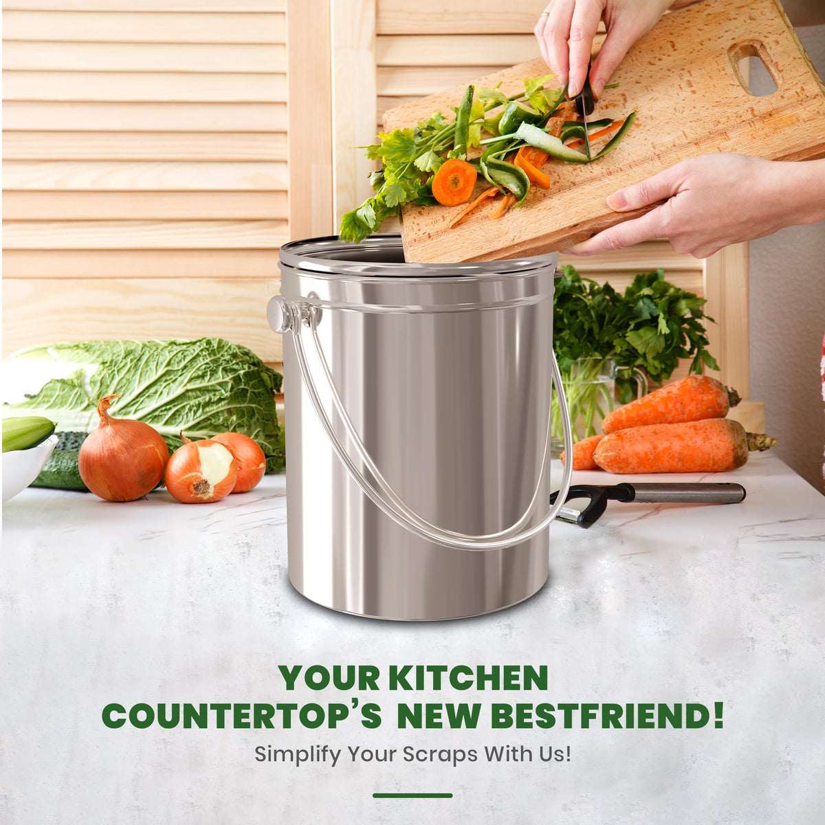 Kichly Stainless Steel Compost Bin, 1.3 Gallon, Spare Filter, Silver