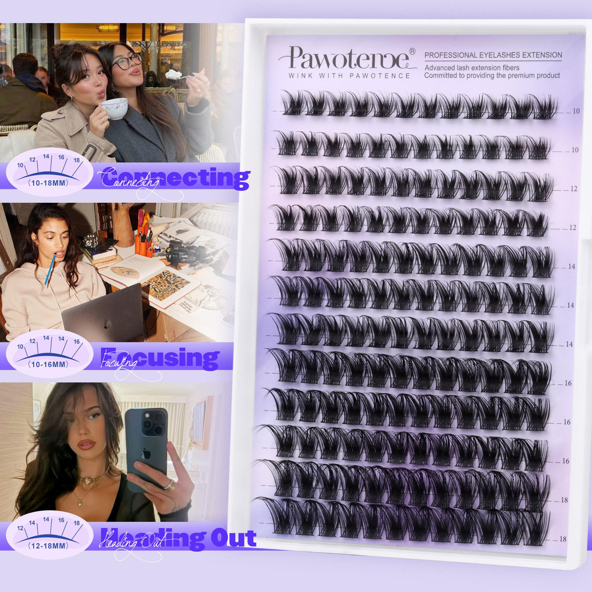 Pawotence Wispy D Curl Cluster Lash Extensions, 10-18 mm