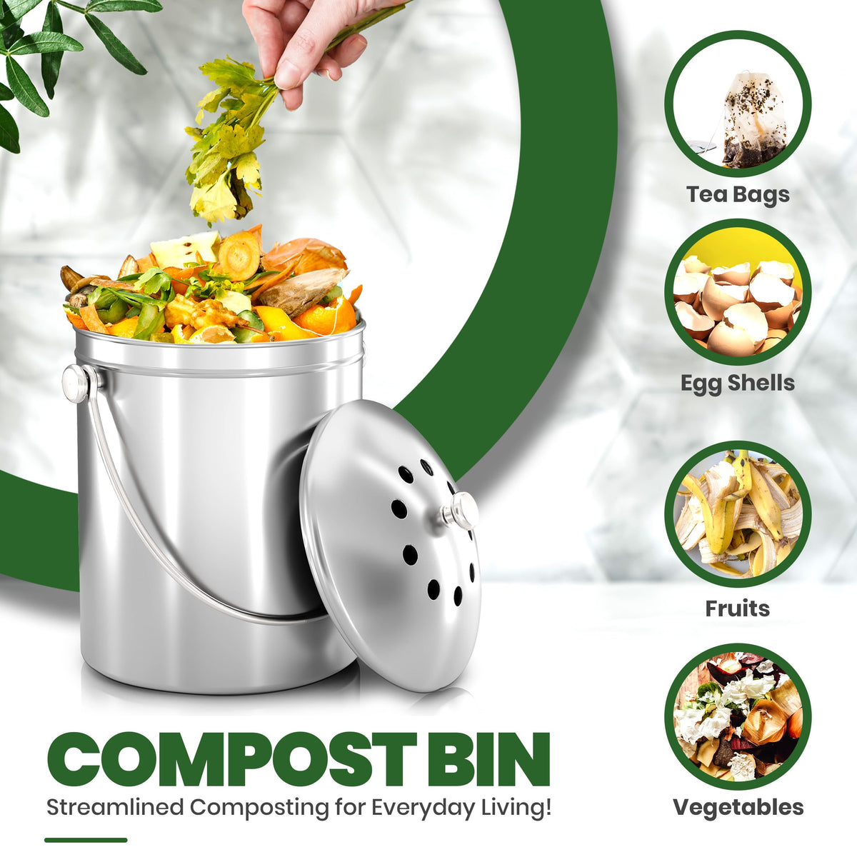 Kichly Stainless Steel Compost Bin, 1.3 Gallon, Spare Filter, Silver