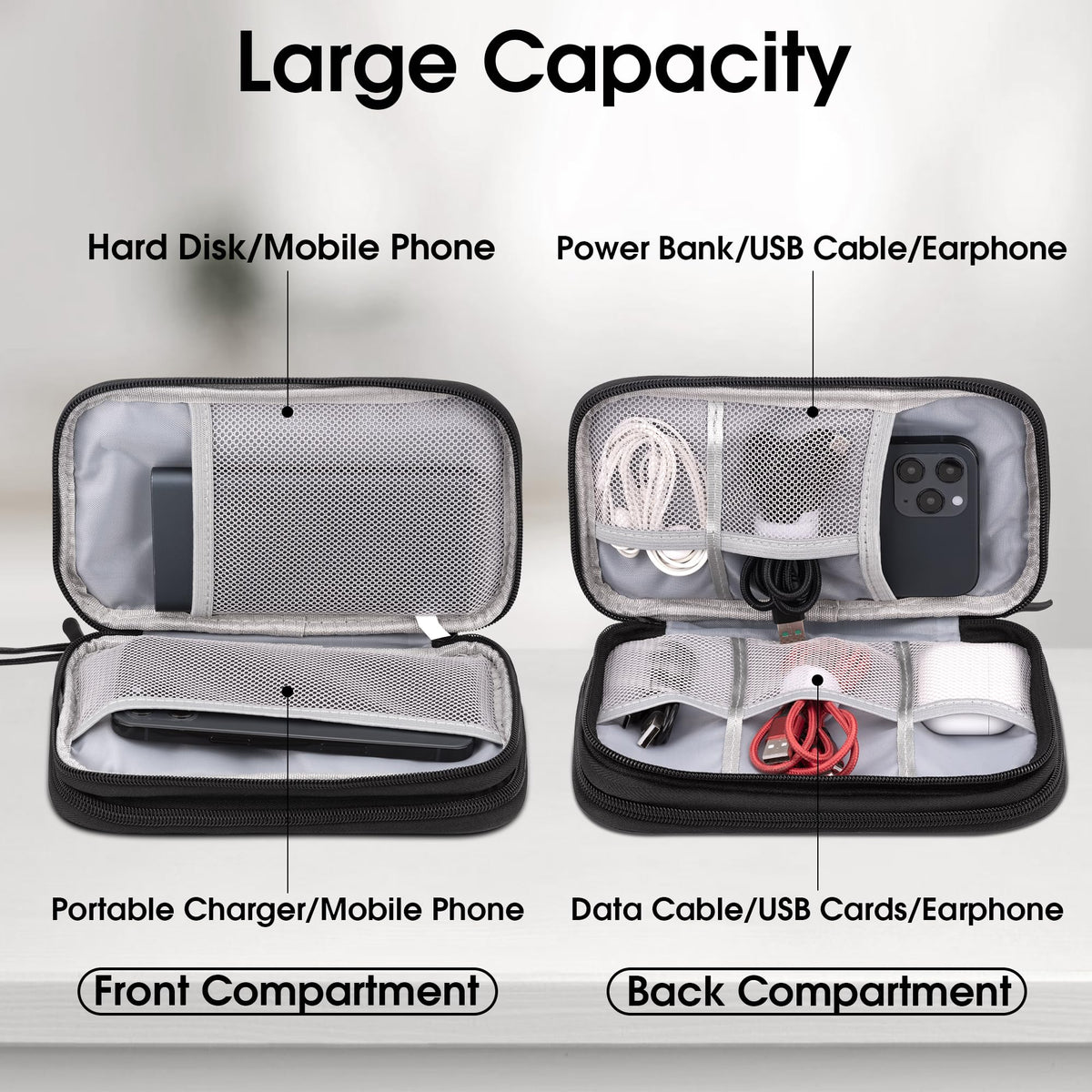 Arae Travel Cable Organizer Pouch, Black, Medium