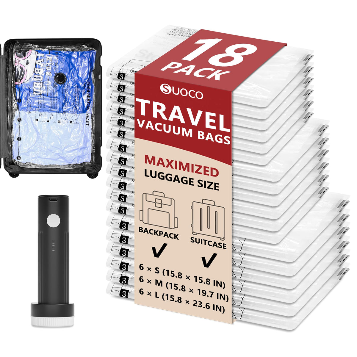 Travel Vacuum Bags with Rechargeable Electric Pump, 18 Combo