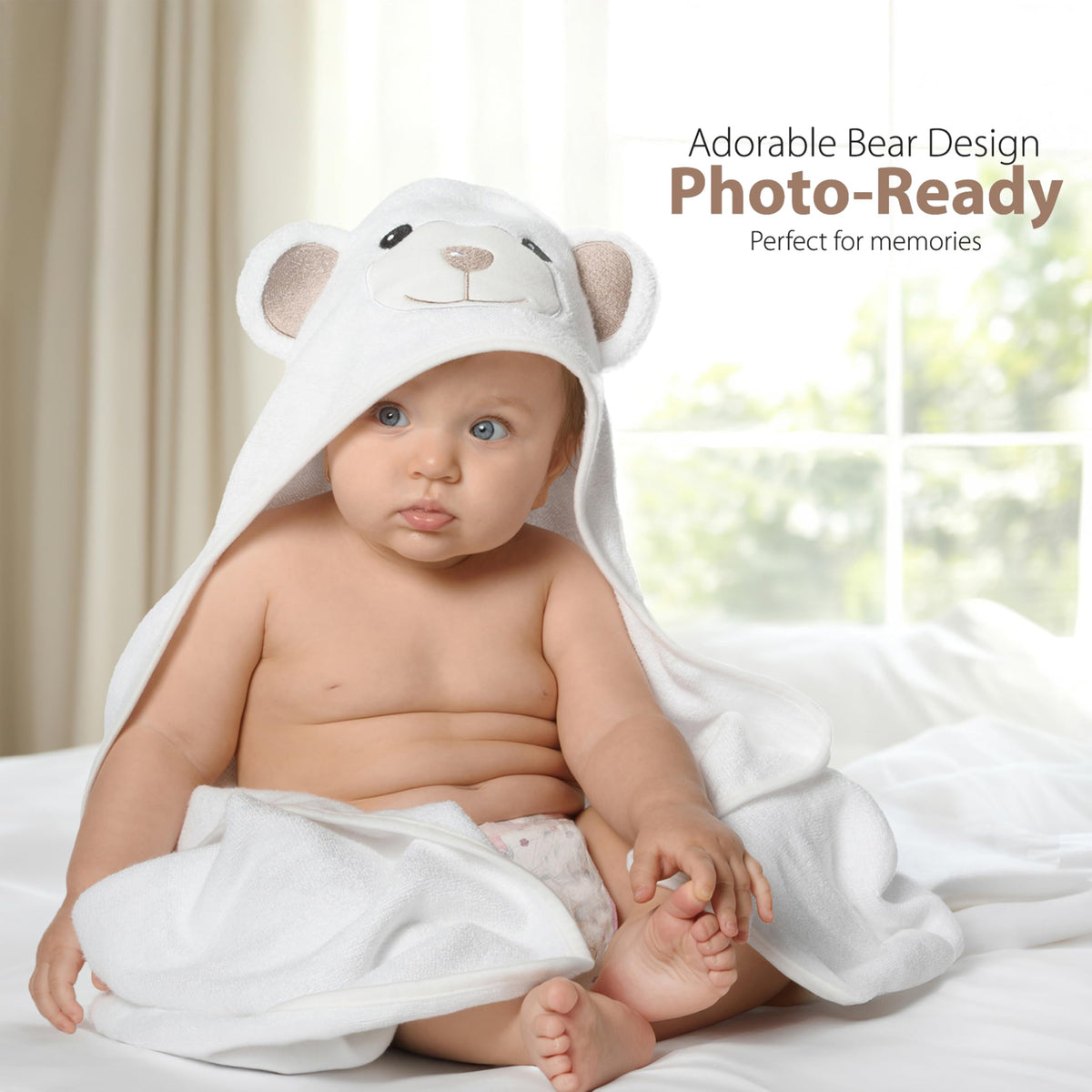 MINIBOO Organic Bamboo Hooded Baby Towel, 90 x 90 cm, White Bear
