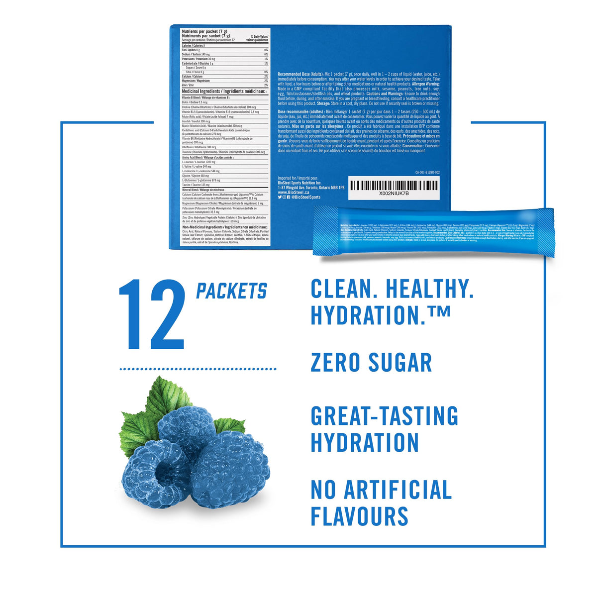 BioSteel Electrolyte Hydration Mix, Blue Raspberry, 12 Sticks