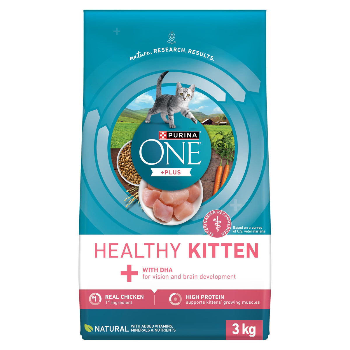 Purina ONE +Plus Healthy Kitten Dry Food, Chicken, 3 kg