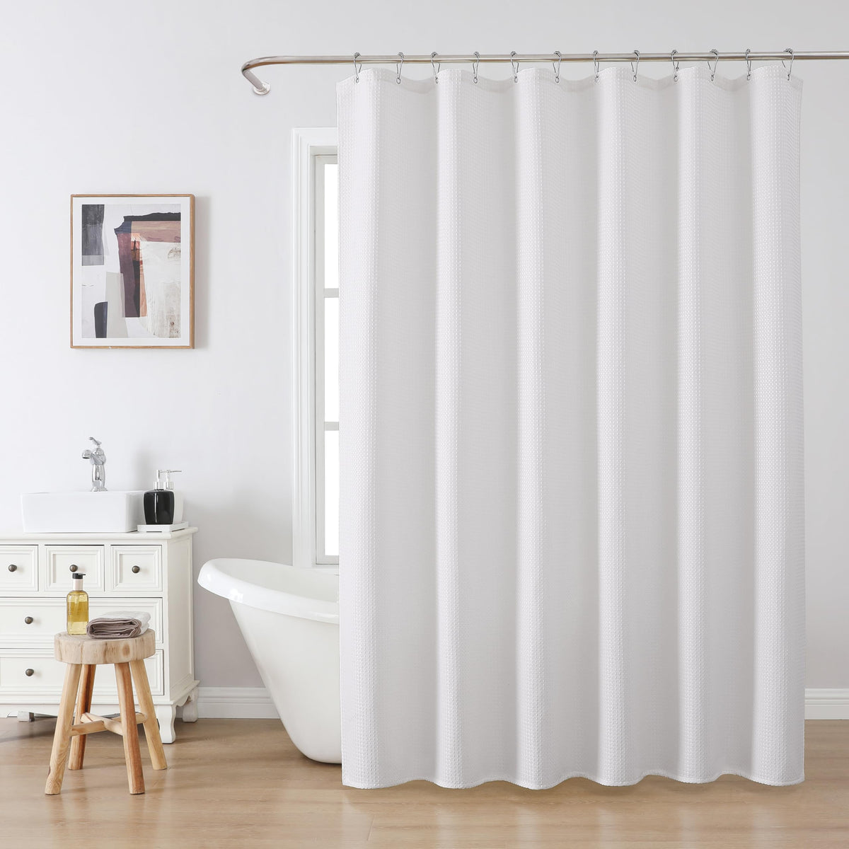 Waffle Weave Fabric Shower Curtain with Hooks, 72" x 72", White