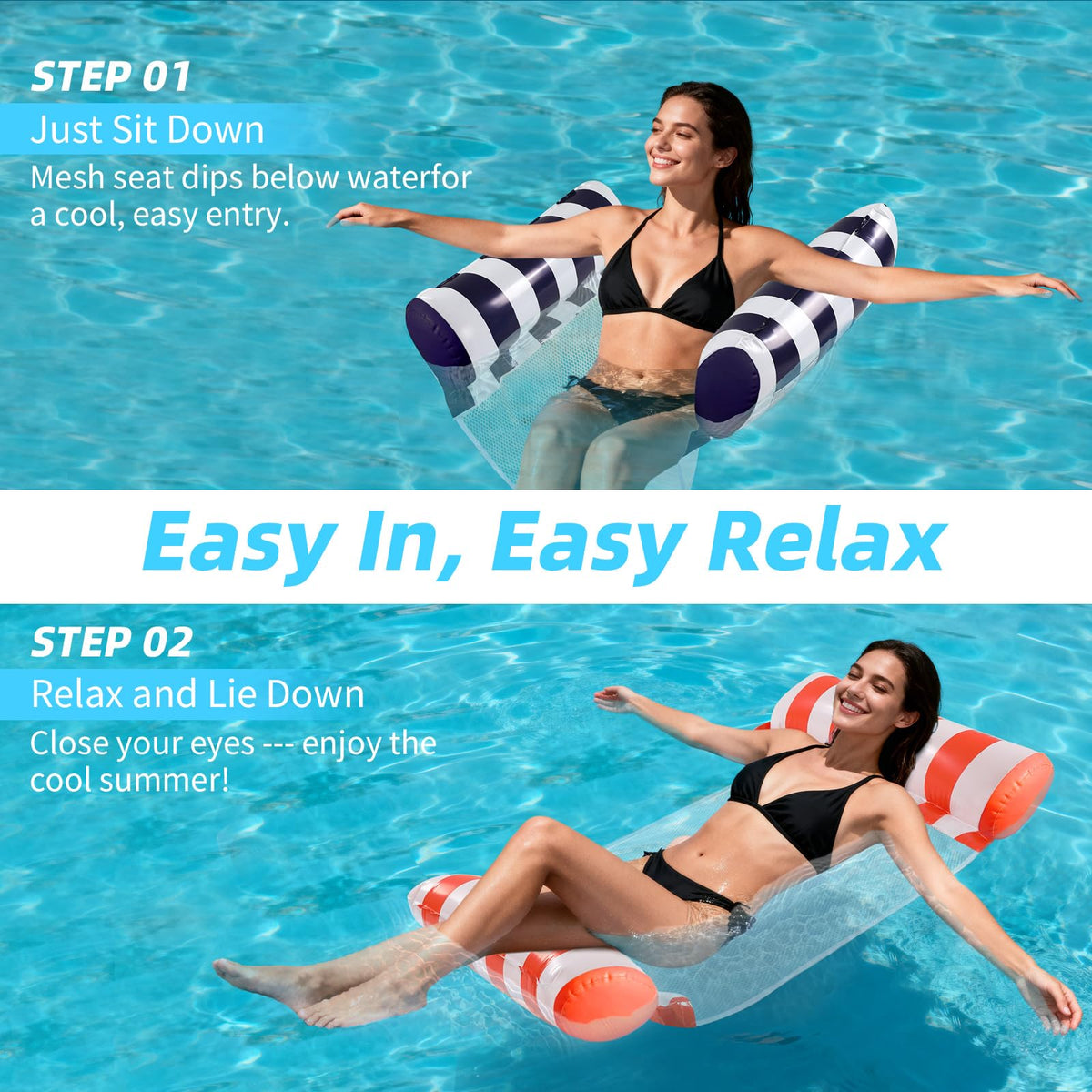 HeyStookie 4-in-1 Water Hammock Pool Floats, 51" x 27" (4 Pack)