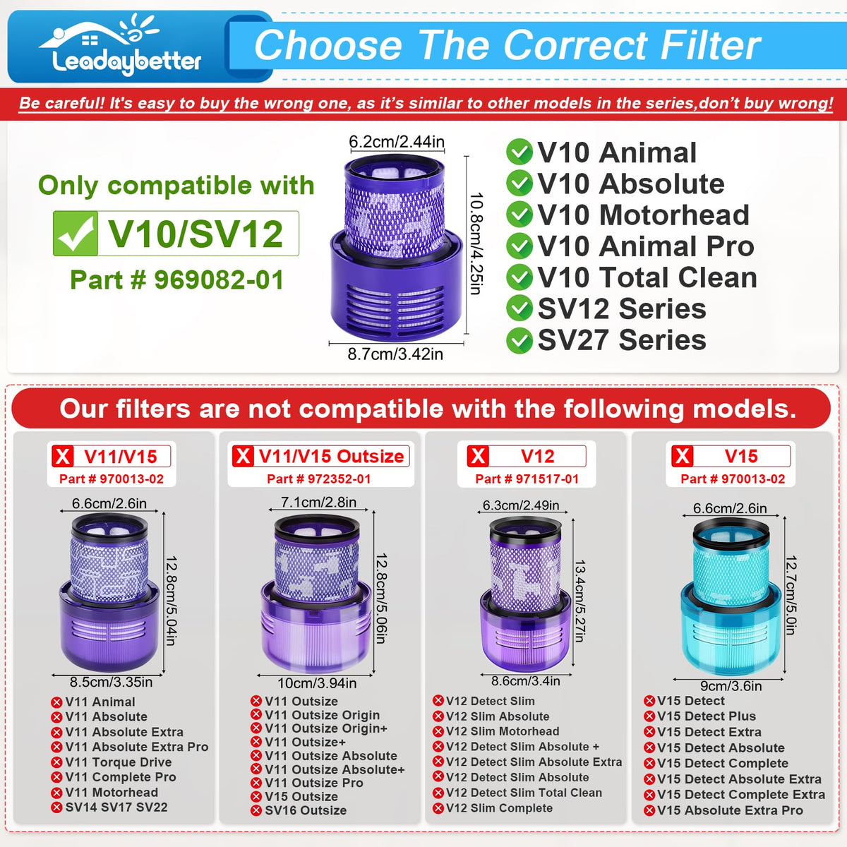 Leadaybetter Vacuum Filter for Dyson V10, 2 Pack with Brush