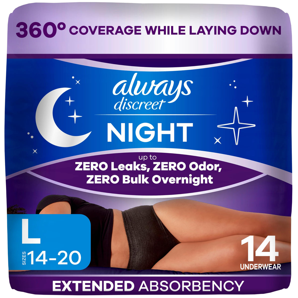 Always Discreet Night Overnight Underwear for Women, Large, 14 Count