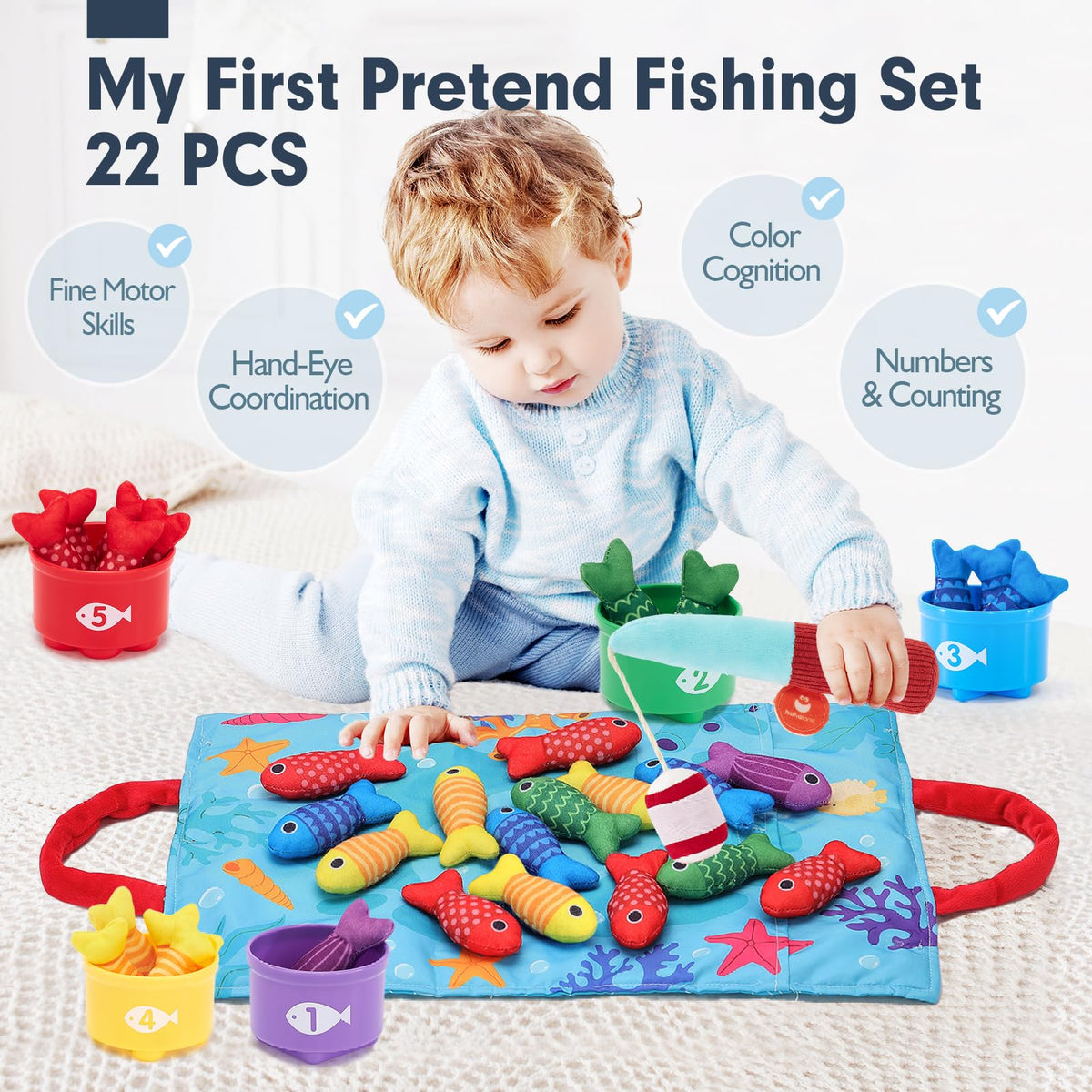 hahaland Montessori Fishing Game with Stacking Cups, 22 Pieces