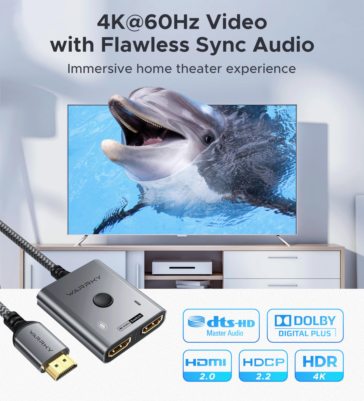 WARRKY 2-in-1 Bidirectional HDMI Switch, 4K 60Hz, Grey