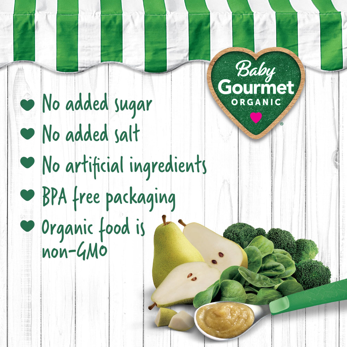 Baby Gourmet Organic Pear & Garden Greens Purée, 12 x 128 ml