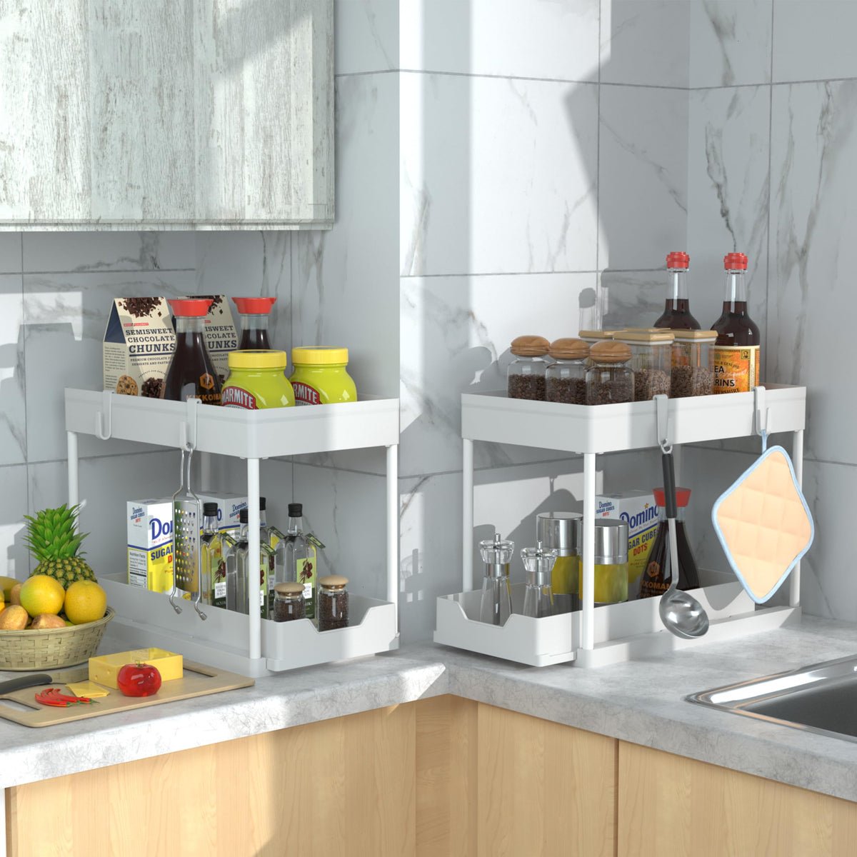 DEKAVA 2-Tier Sliding Under Sink Organizer, 2-Pack, White