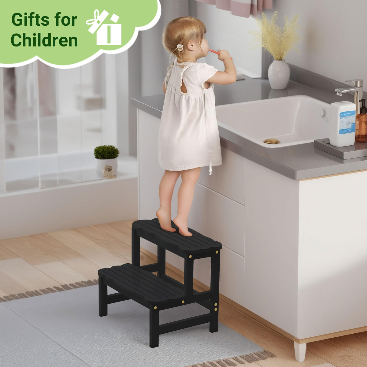 COSYLAND Bamboo Two Step Stool for Kids, 300 lbs, Black
