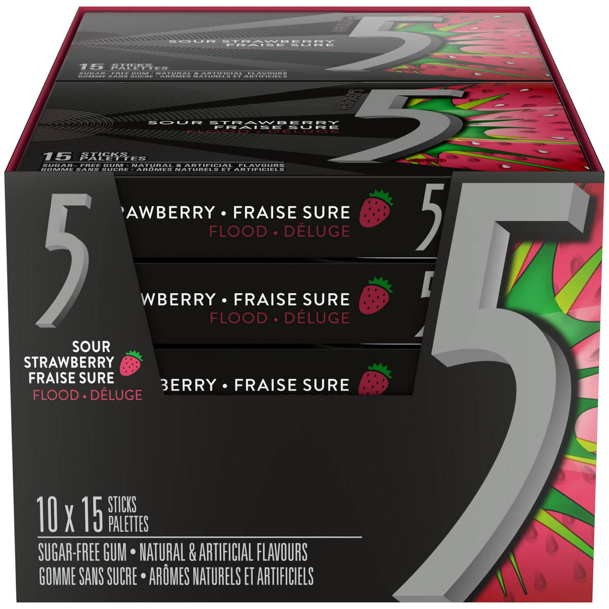 5 Gum Strawberry-Flood Sugar Free Chewing Gum, 15 Sticks, 10 Packs