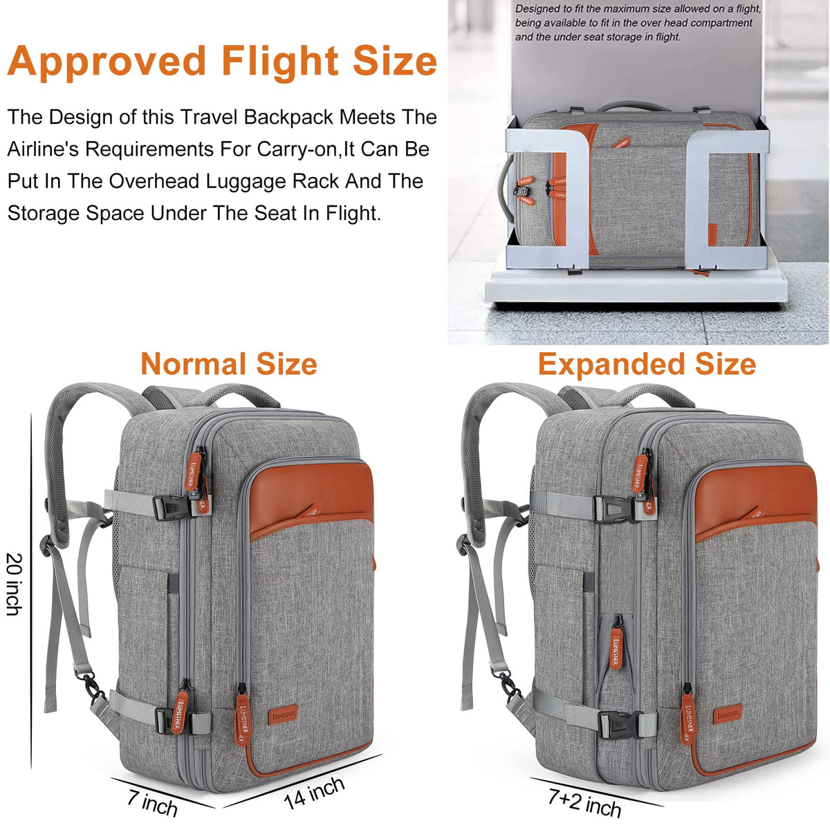 Carry-On Travel Backpack for Men & Women, 40L, Extra Large, Grey