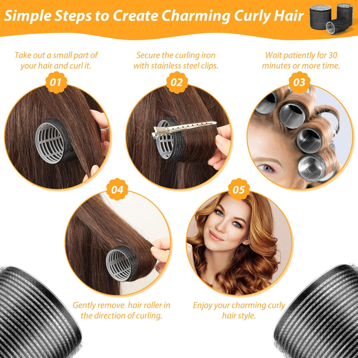 Self Grip Hair Rollers Set, 39PCS, 3 Sizes, with 12PCS Duckbill Clips