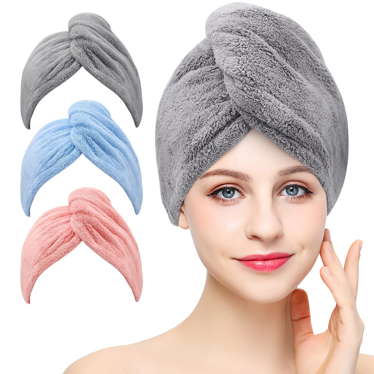 BEoffer Microfiber Hair Towel Wraps for Women, 3 Pack, Gray/Pink/Blue
