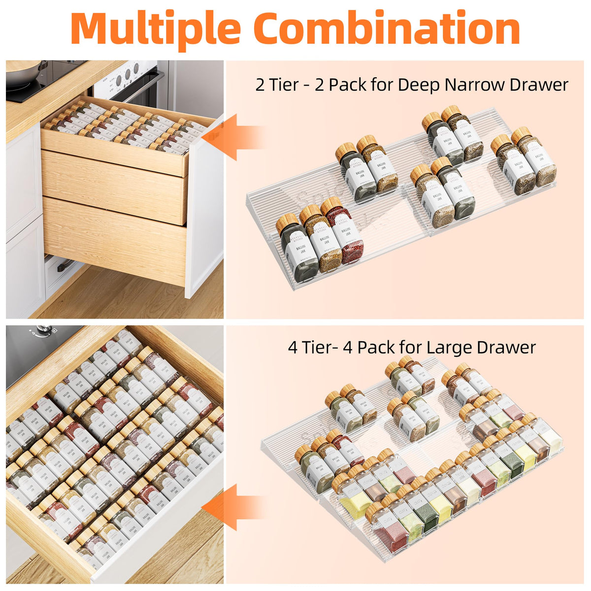 PanPanPal Clear Acrylic Spice Drawer Organizer, 4 Tier, 4 Pack