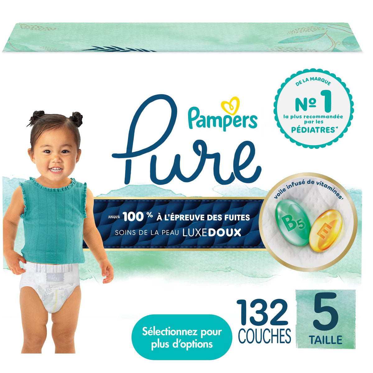 Pampers Pure Baby Diapers, Size 5 (27+ lbs), 132 Count