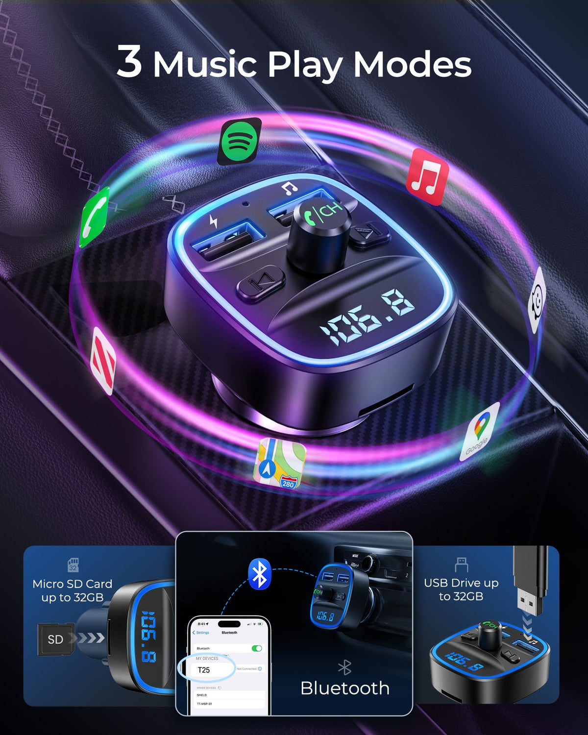 LENCENT Bluetooth FM Transmitter with Dual USB Car Charger