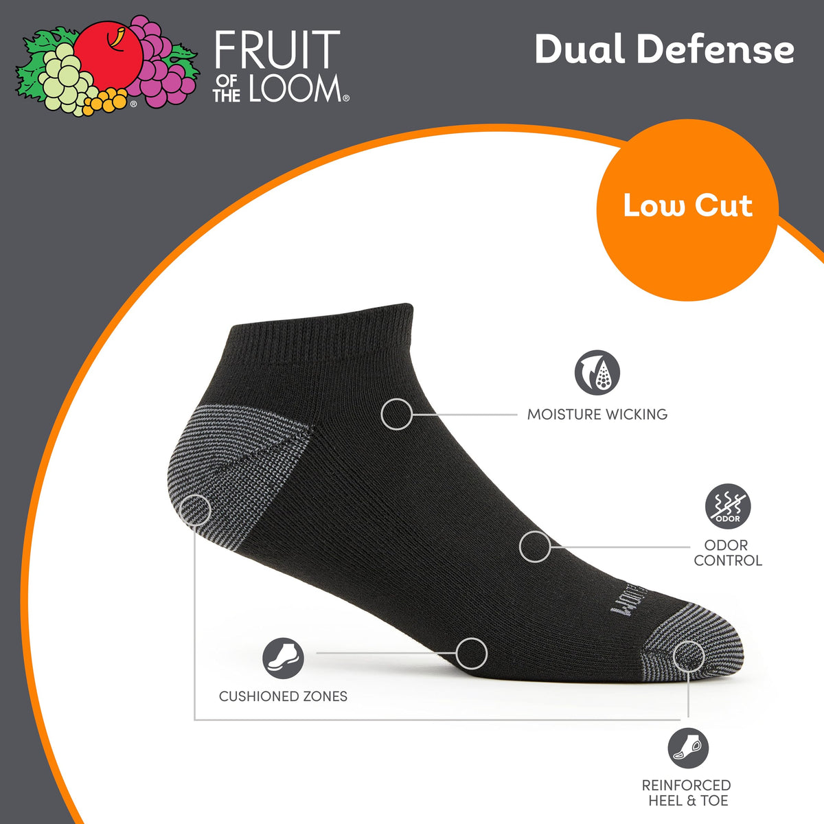 Fruit of the Loom Men's Dual Defense Low Cut Socks, Black, M, 12 Pack