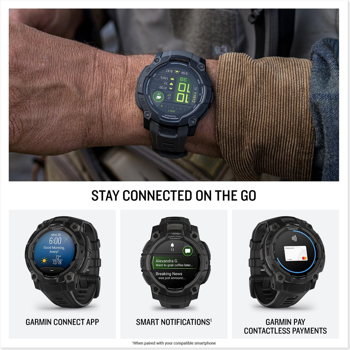 Garmin Instinct 3 AMOLED GPS Smartwatch, Black, 45mm