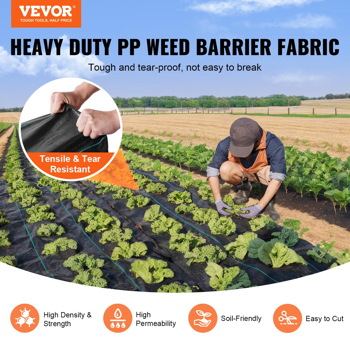 VEVOR Weed Barrier Landscape Fabric, 4x50FT, Heavy Duty, Black