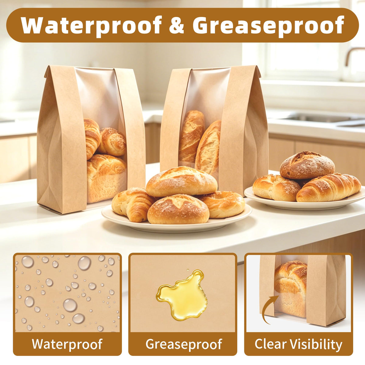 Homrelaxy Kraft Bread Bags with Window, 13.7 x 8.3 x 3.5 in, 60 Pcs