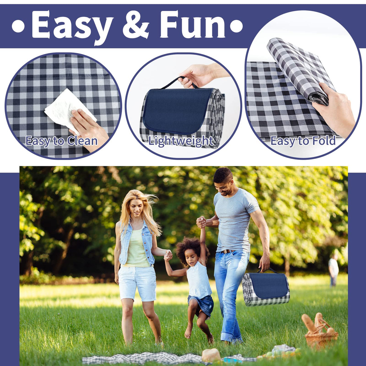 Extra Large Waterproof Picnic Blanket, 79" x 79", Dark Blue