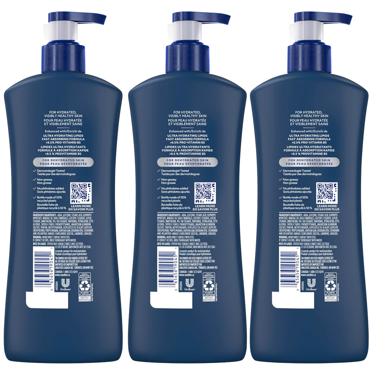Vaseline Men 3-in-1 Body, Face and Hands Lotion, 600 mL, 3 Pack