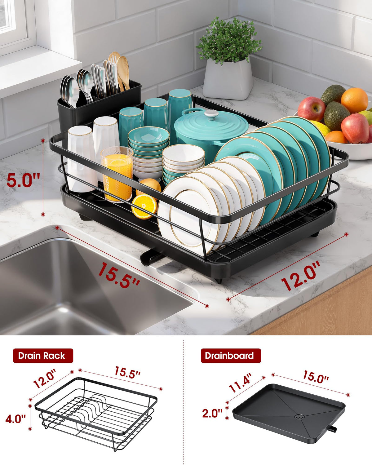 Sakugi Stainless Steel Dish Drying Rack with Drain Board, Black, Large
