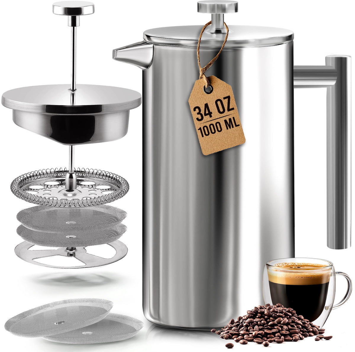 KICHLY Double Walled Stainless Steel French Press, 34 oz, Silver