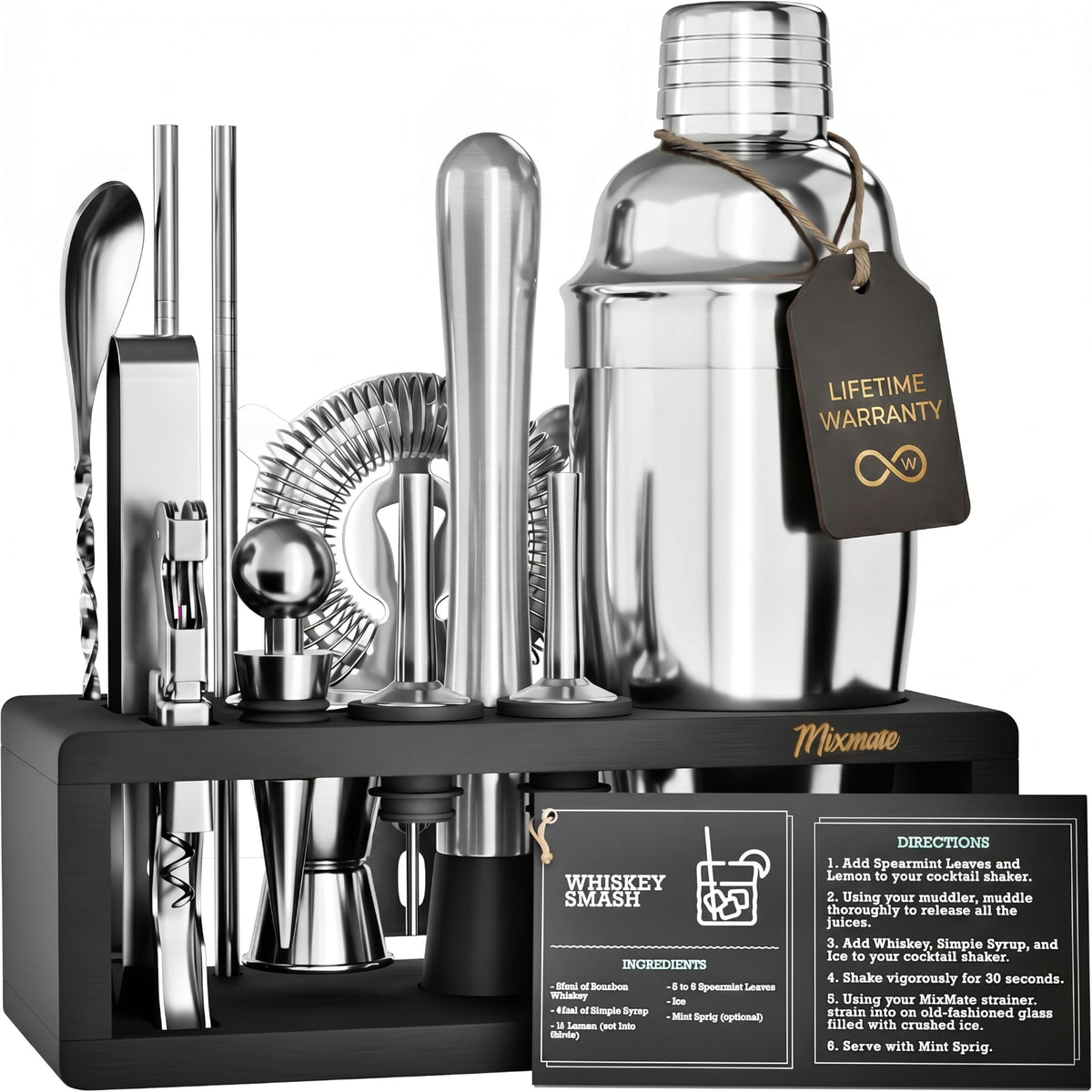 Mixology Bartender Kit with Stand, 15 Piece Bar Tool Set, Silver