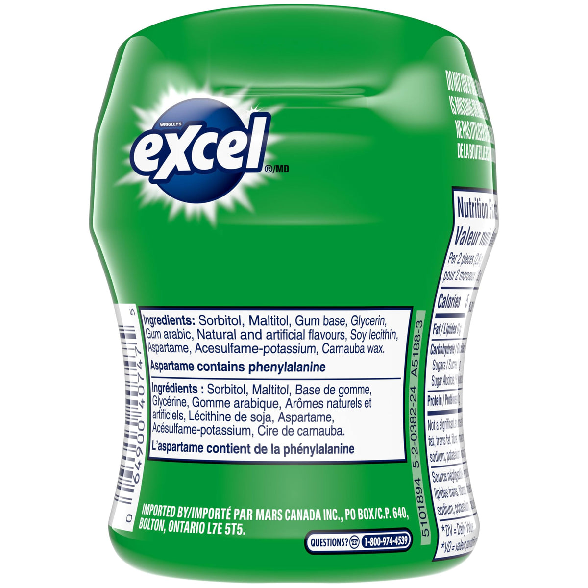 EXCEL Spearmint Sugar Free Chewing Gum, 60 Pieces, 6 Bottles