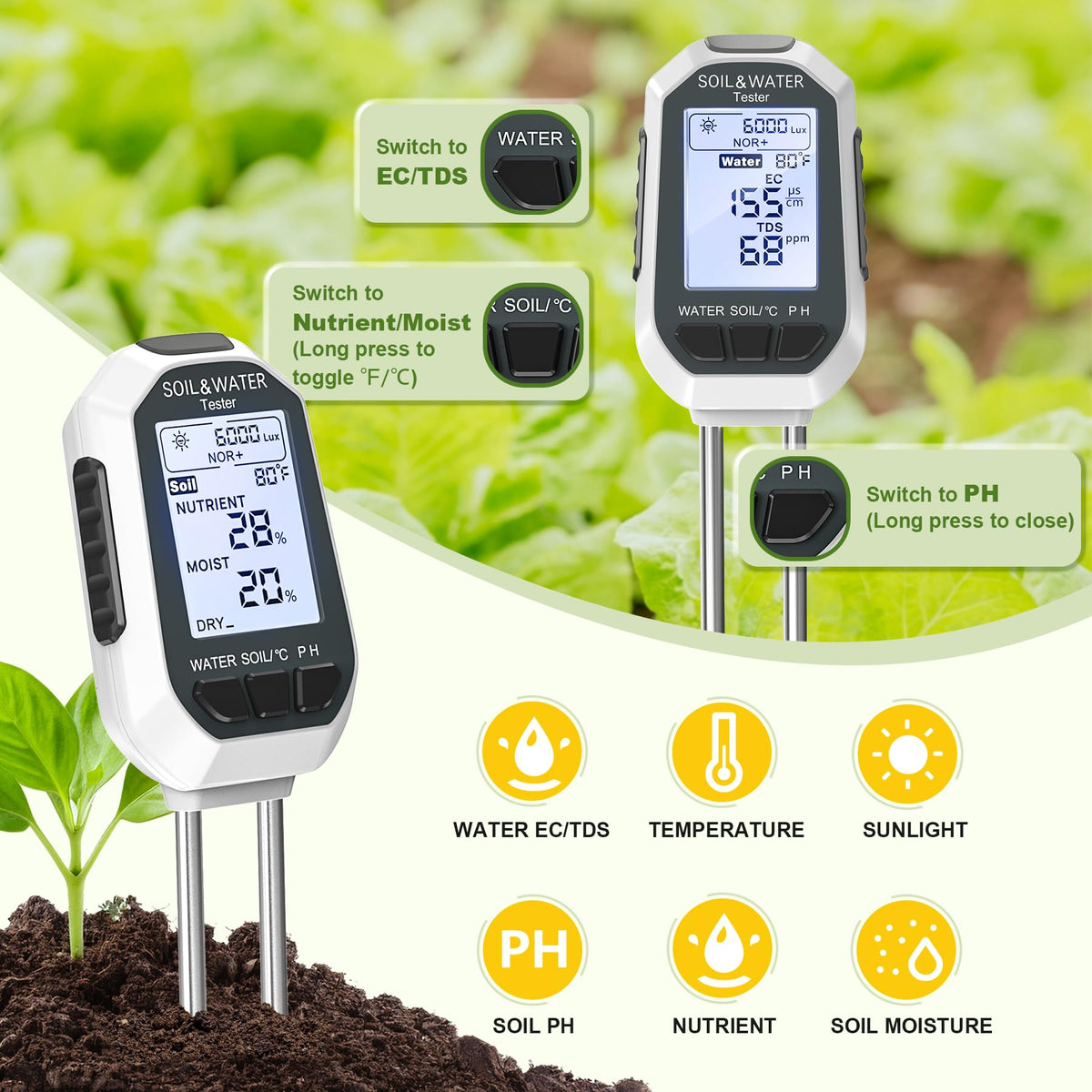 7-in-1 Digital Soil Meter for Moisture, pH, Light and Fertility