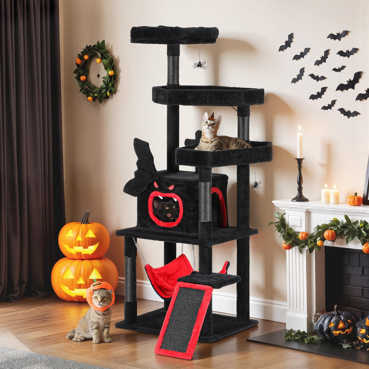 DWVO Gothic Cat Tree with Coffin Bed, 63 Inch, Black and Red