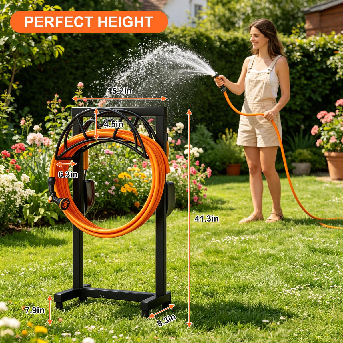 Freestanding Garden Hose Holder, Metal, 150 ft, Black