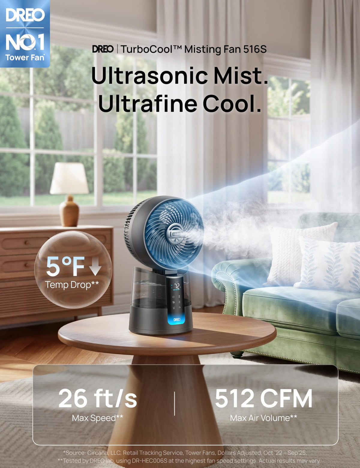 DREO TurboCool Misting Fan 516S, 26 ft/s, Grey